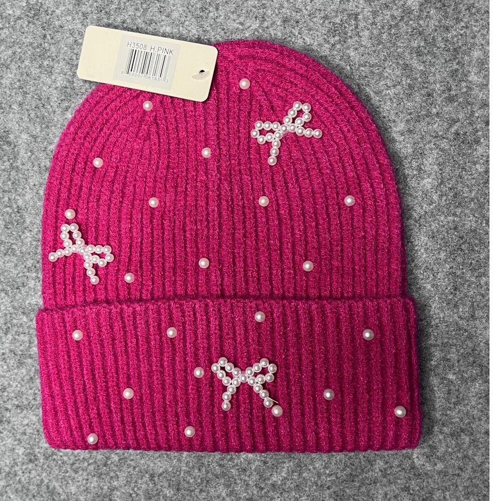 Winter Pearl Bow Embellished Beanie Hat Hot Pink NWT
